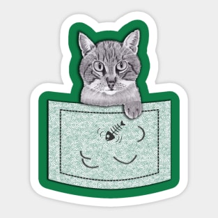 Cat Thief in Pocket! Pencil Drawings (Green) Sticker